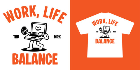 Obraz premium Vintage Retro Work Life Balance T-shirt Design with Cartoon Laptop Mascot