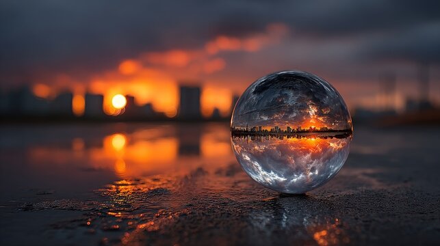 Crystal ball reflecting a city skyline at sunset on wet ground with orange clouds