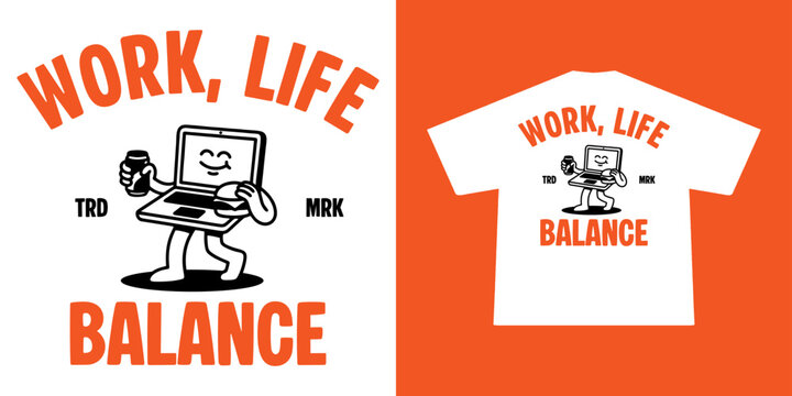 Vintage Retro Work Life Balance T-shirt Design with Cartoon Laptop Mascot