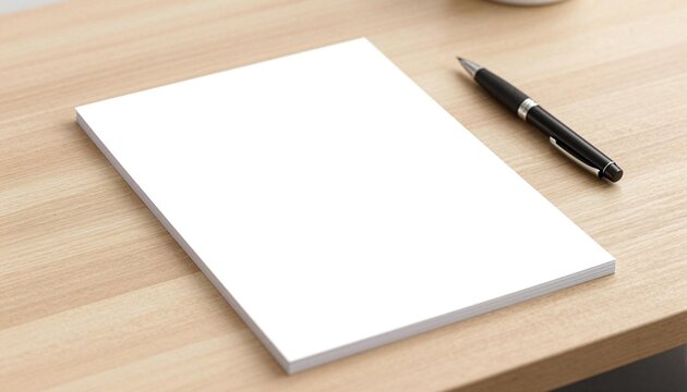 Blank notepad and black pen on a wooden desk, minimal workspace scene with clean copy space
