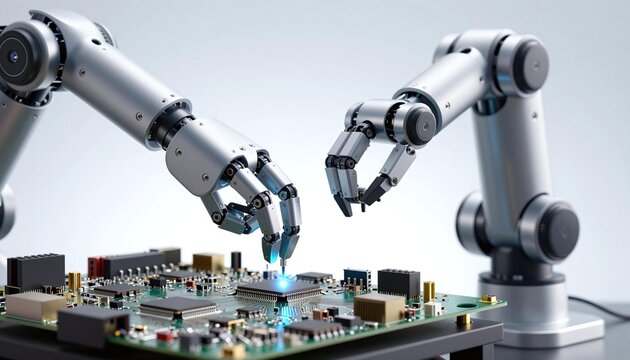 Two robotic arms performing precision soldering and component placement on a printed circuit board in an automated electronics assembly setup