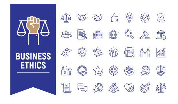 Business Ethics Icons: A collection of modern vector icons representing various aspects of business ethics, including justice, trust, law, and responsibility, set against a clean blue background.
