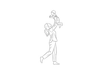 Obraz premium Line art drawing of a mother lifting her happy baby into the air