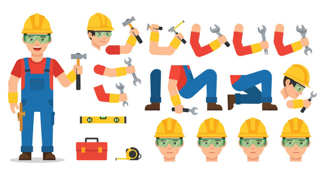 Cartoon construction worker with tools.