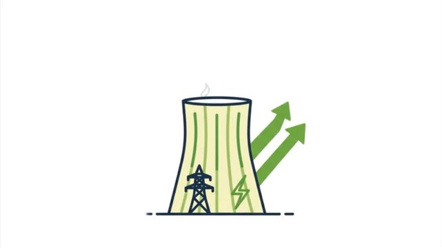 Nuclear Power Plant Cooling Tower with Electricity Pylon and Energy Symbol.