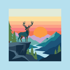 A majestic stag stands on a cliff overlooking a scenic valley © Ratna