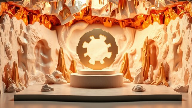 Abstract stage design. Warm lighting highlights sculpted forms, pedestal, central gear symbol. Minimalist, modern aesthetic.