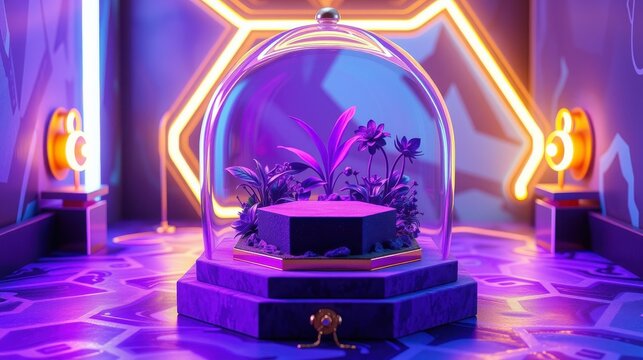 Vibrant scene features plant life under glass dome. Neon lights illuminate geometric room, creating futuristic ambiance. Golden key rests below.