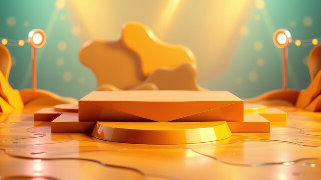 Orange studio scene. Platforms present product display. Soft lighting creates warm atmosphere. Abstract shapes enhance visual interest.
