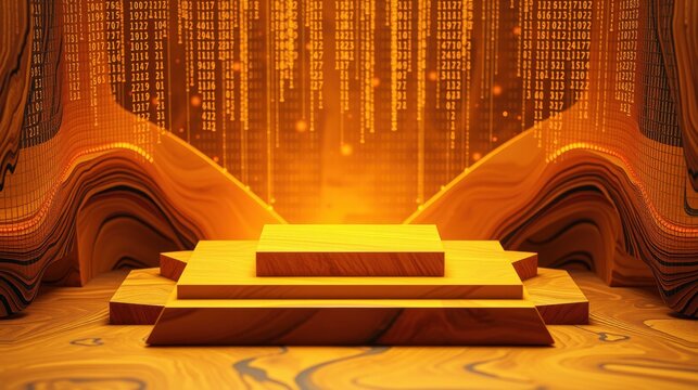Orange platform glows. Digital rain cascades down curved walls. Futuristic scene evokes data streams, technology, presentation space.