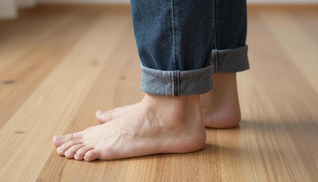 Bare feet standing on a light wooden floor with rolled-up denim jeans cuffs
