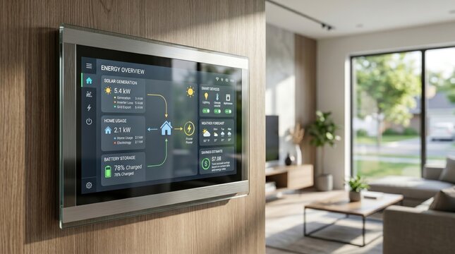 Smart home energy management system panel on wall showing solar generation usage battery storage data, modern interior living room background