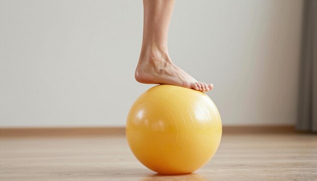 Bare foot balancing on a yellow exercise ball on a wooden floor, conveying balance, core stability and home fitness