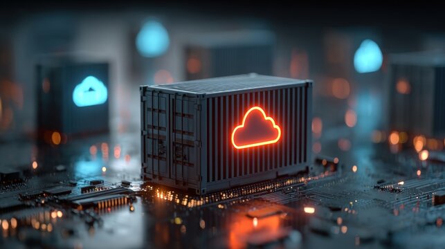 Digital shipping container with glowing neon cloud icon on futuristic circuit board background