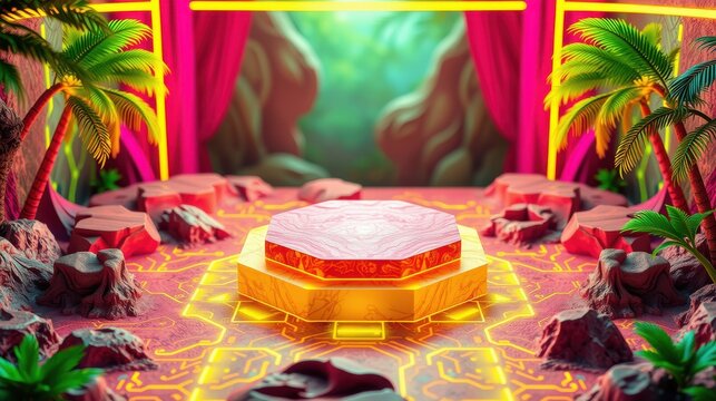 Vibrant stage setup. Hexagonal platform glows amidst palm trees, red rock formations, dramatic lighting. Lush jungle backdrop visible.
