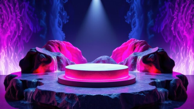Dramatic stage setup. Glowing platform surrounded by rock formations, illuminated with vibrant pink, purple lighting. Spotlight focuses center.