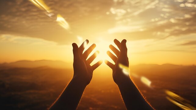 Two hands reaching up to the sun during a golden sunset.