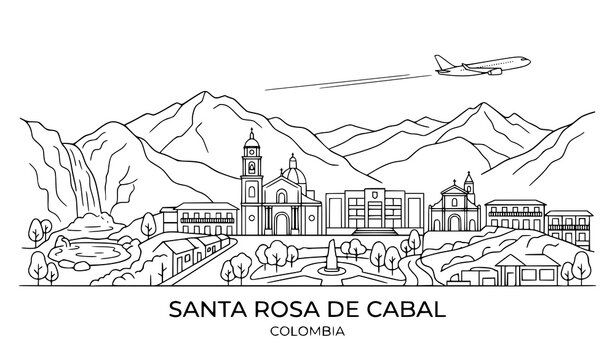 Minimal Santa Rosa de Cabal skyline outline with mountain landscape and airplane vector art