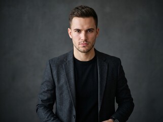Fototapeta premium Young man with an expression of confidence and determination, looking directly into the camera, high-quality, clear and detailed photo, isolated background.