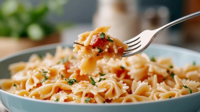 A fork is lifted from a bowl, but instead of a neat bite, it has speared a comically large, tangled cluster of farfalle that seems impossibly connected