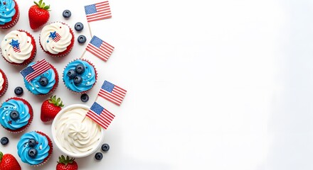 Obraz premium Patriotic fourth of july dessert spread with cupcakes and berries