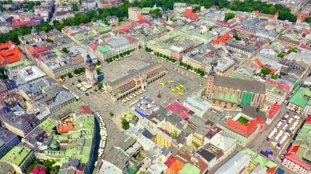 Krakow, Poland. Main Square. Big city square of the 13th century. View of the historic center. Drone footage, Point of interest
