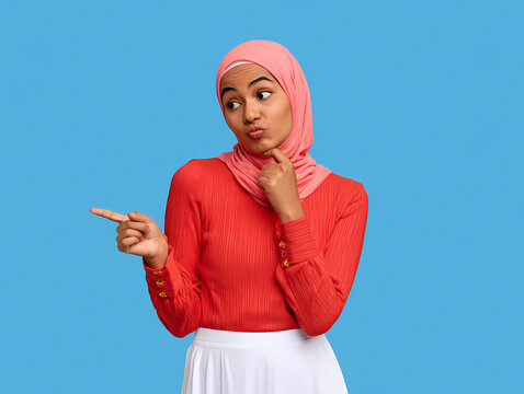 Portrait de Studio d'une Femme en Hijab Surprise Tenant un Smartphone - Expression de Choc, Pointant du Doigt et Concept de Promotion