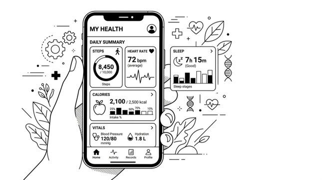 Smartphone healthcare dashboard on screen with line art illustrations