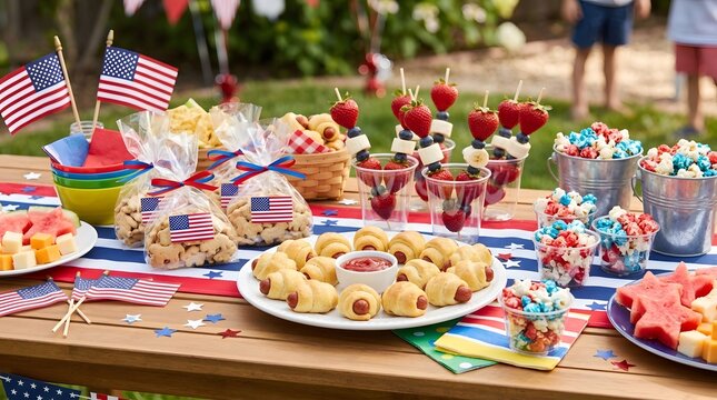 Festive fourth of july dessert and snack table with patriotic decorations