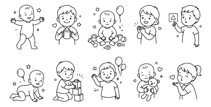 Cute baby development line art icons, 10 toddler milestone vector illustrations, black and white infant growth and childhood activities set