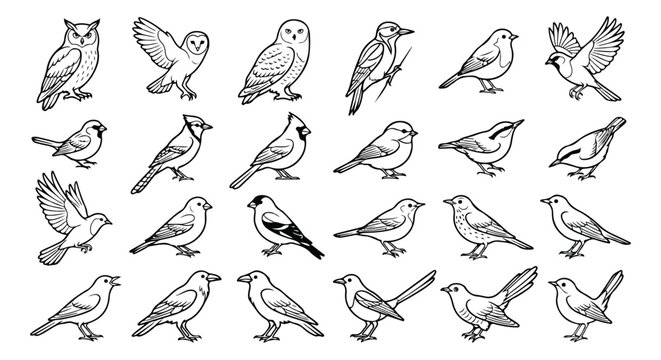 Minimalist bird line art collection, 24 black and white bird icons set, simple avian vector illustrations for nature branding and logos
