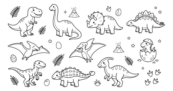 Cute dinosaur coloring page vector set, hand drawn prehistoric animal line art collection, black and white dino characters for kids activities