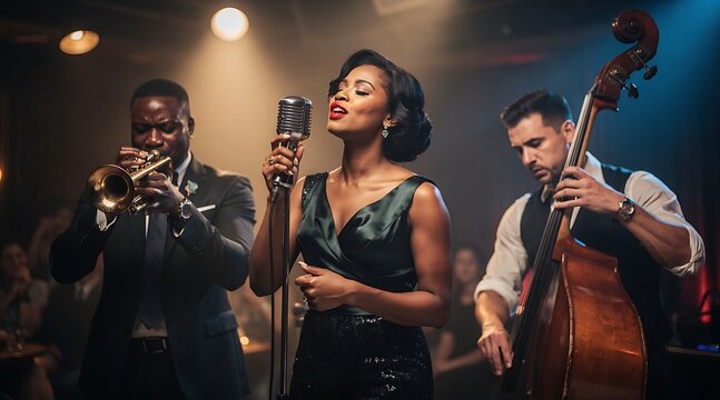 Live Jazz Band Performing with Singer, Trumpeter, and Bassist on Stage.