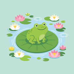 Obraz premium A cute green frog sits peacefully on a large lily pad