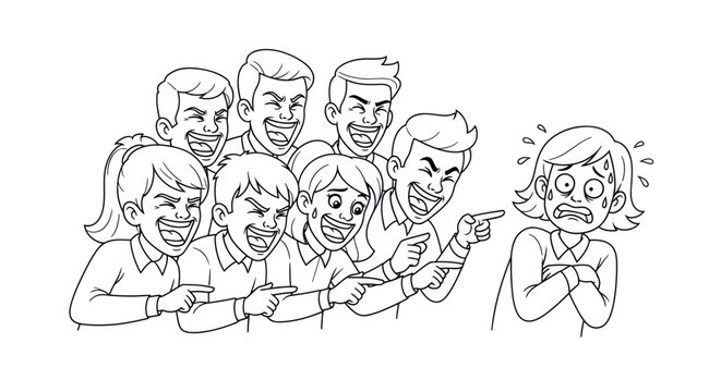 Group of angry people pointing woman.