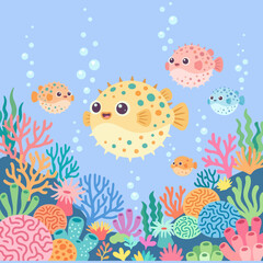 Obraz premium Cute cartoon puffer fish swimming in a colorful coral reef scene