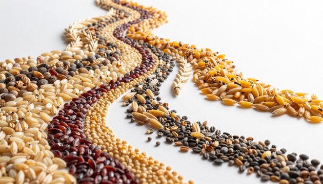 Assorted seeds and grains arranged in wavy lines on a white background, colorful multigrain assortment seen from above with textured food pattern