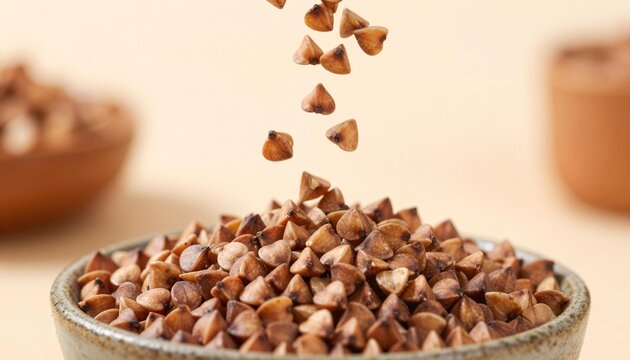 Close-up of raw buckwheat groats falling into a ceramic bowl, warm beige background and soft lighting