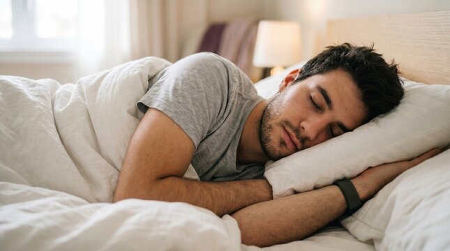 Young man sleeping peacefully in bed under white blankets with sleeping comfortable wellness peaceful recovery