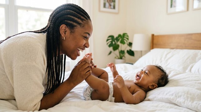 Young mother playing and tickling baby on bed at home with tickling parenting maternity together lifestyle innocent