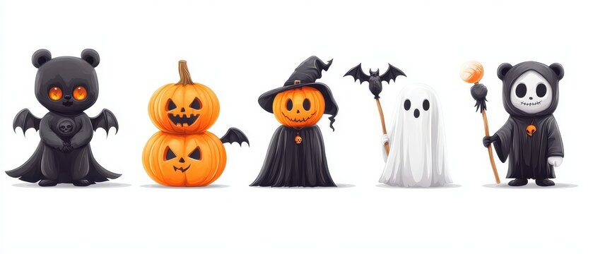 Halloween character vector set. Halloween characters like pumpkin vampire, teddy bear, ghost and grim reaper isolated in white background