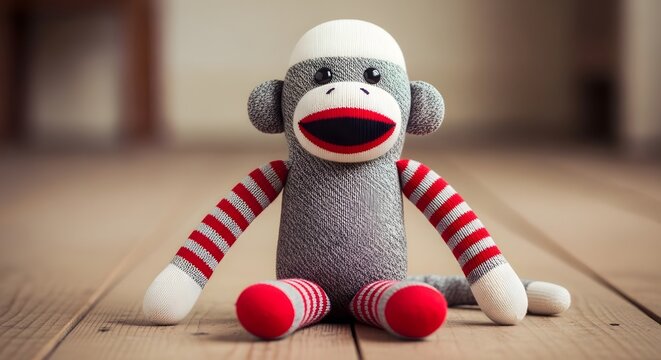 Sock Monkey toy sitting on a wooden floor with soft background blur and natural light