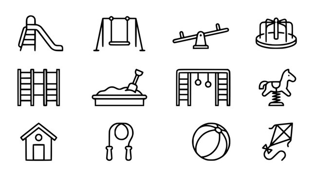 Playground Icons: Slide, Swing, Seesaw, Carousel, Sandbox, Monkey Bars, Rocking Horse