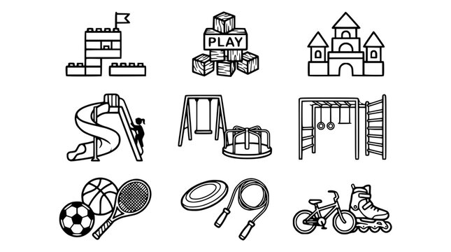 Childhood Fun: Playground Icons & Sports Equipment - Vector Line Art