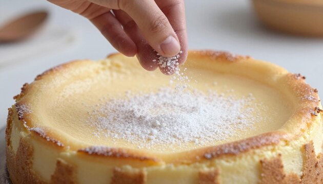 Hand sprinkling powdered sugar onto a creamy baked cheesecake with golden crust, shown in close-up food