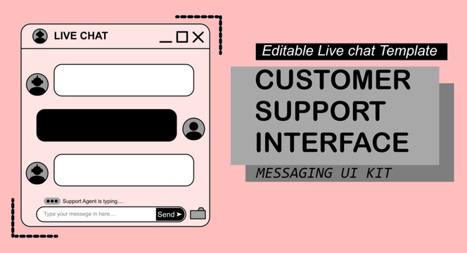Live chat window template for customer support interface layout featuring user messaging boxes, communication chatbot icons, text entry field, and clean minimal digital wireframe graphic elements.