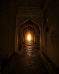 Obraz premium Dark hallway of traditional Omani arches ending in a brilliant golden starburst as a journey and hope metaphor