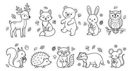 Cute woodland animals coloring page vector set, hand drawn forest creatures line art, 10 black and white animal characters for kids activities © Farah-Studio