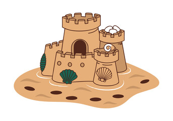 A colorful illustrated sandcastle with turrets and decorative shells, © kamdesign