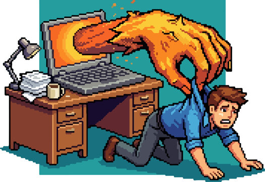Man crawling from computer fire.